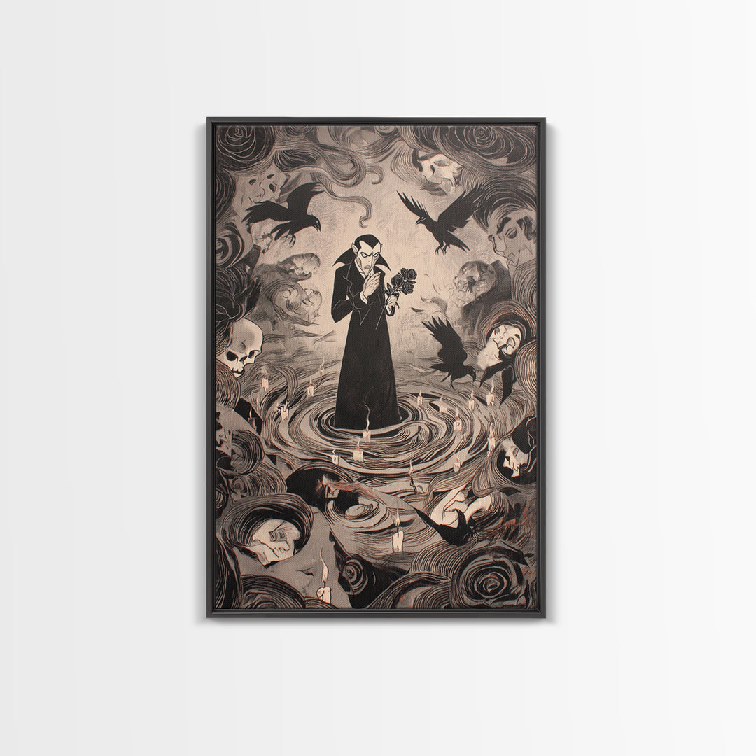 The Vampire Florist, Expressionist Gothic Art, Vertical Wall Art, Macabre Wall Art, Framed Canvas Print, Halloween Wall Art