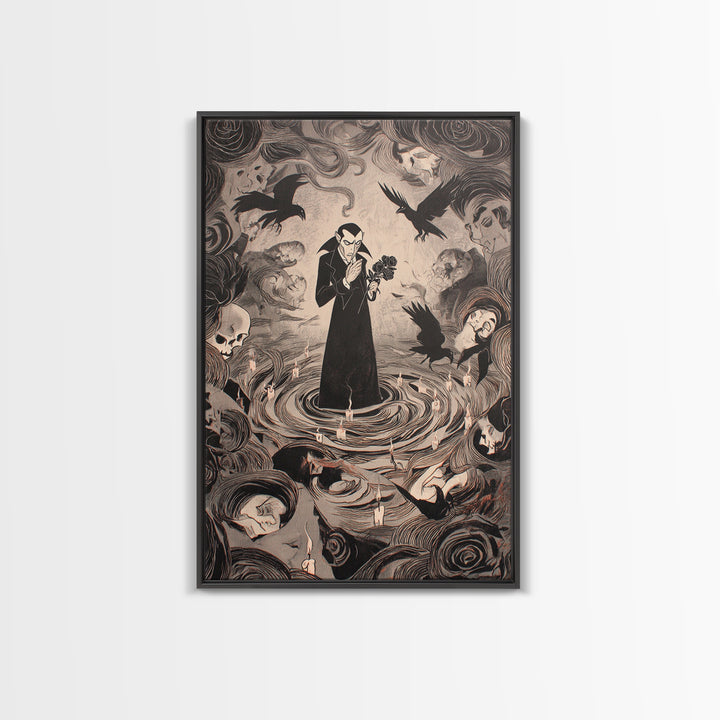 The Vampire Florist, Expressionist Gothic Art, Vertical Wall Art, Macabre Wall Art, Framed Canvas Print, Halloween Wall Art