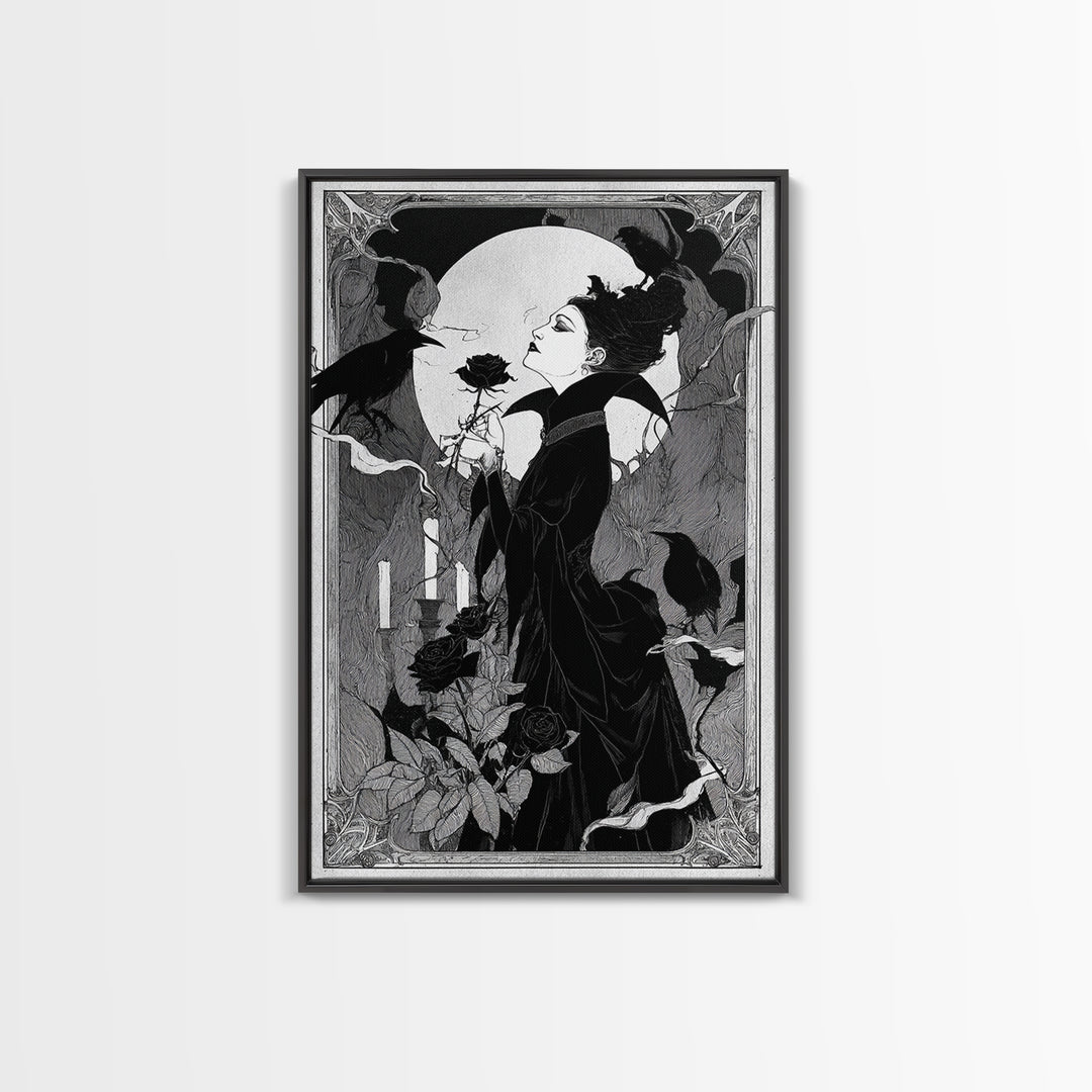 The Vampire Florist, Decadent Line Art, Vertical Wall Art, Dark Fantasy Wall Art, Canvas Print, Halloween Wall Art
