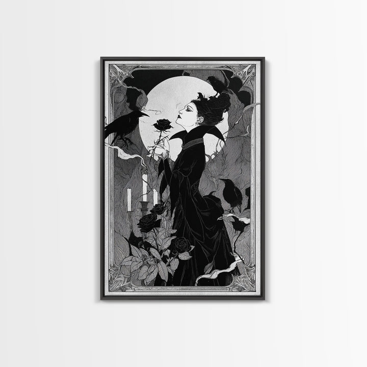 The Vampire Florist, Decadent Line Art, Vertical Wall Art, Dark Fantasy Wall Art, Canvas Print, Halloween Wall Art