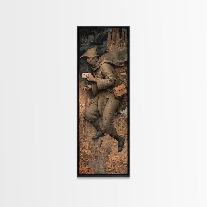 The Mummy Mail Carrier, Medieval Grotesque Art, Tall Narrow Wall Art, Dark Fantasy Wall Art, Framed Canvas Print, Halloween Wall Art