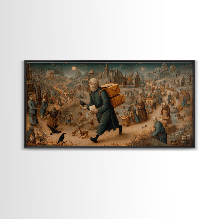 The Mummy Mail Carrier, Northern Renaissance Horror, Wide Panoramic Art, Dark Halloween Decor, Canvas Print, Halloween Wall Art