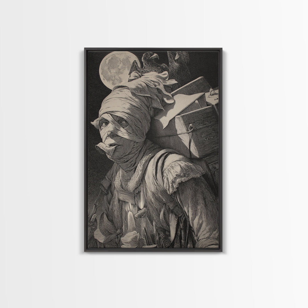 The Mummy Mail Carrier, Renaissance Engraving Art, Vertical Wall Art, Dark Fantasy Wall Art, Canvas Print, Halloween Wall Art