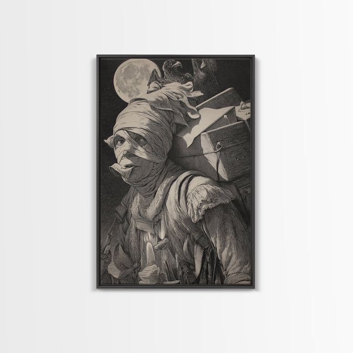 The Mummy Mail Carrier, Renaissance Engraving Art, Vertical Wall Art, Dark Fantasy Wall Art, Canvas Print, Halloween Wall Art
