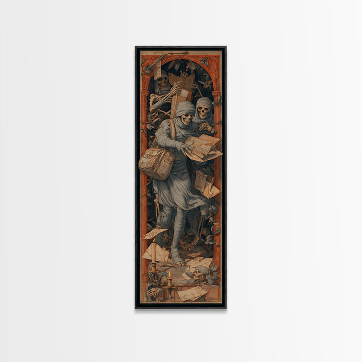 The Mummy Mail Carrier, Danse Macabre Art, Tall Narrow Wall Art, Macabre Wall Art, Framed Canvas Print