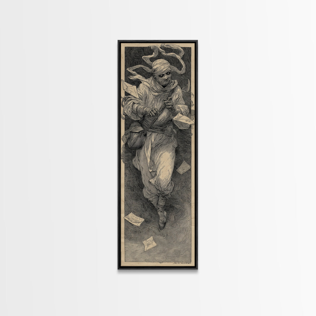 The Mummy Mail Carrier, Symbolist Etching Art, Tall Narrow Wall Art, Gothic Horror Wall Art, Framed Canvas Print, Halloween Wall Art