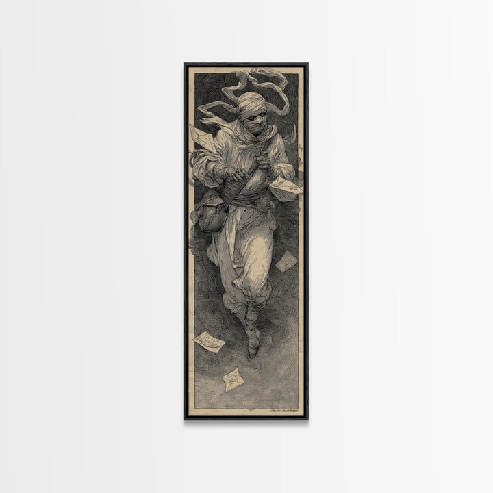 The Mummy Mail Carrier, Symbolist Etching Art, Tall Narrow Wall Art, Gothic Horror Wall Art, Framed Canvas Print, Halloween Wall Art