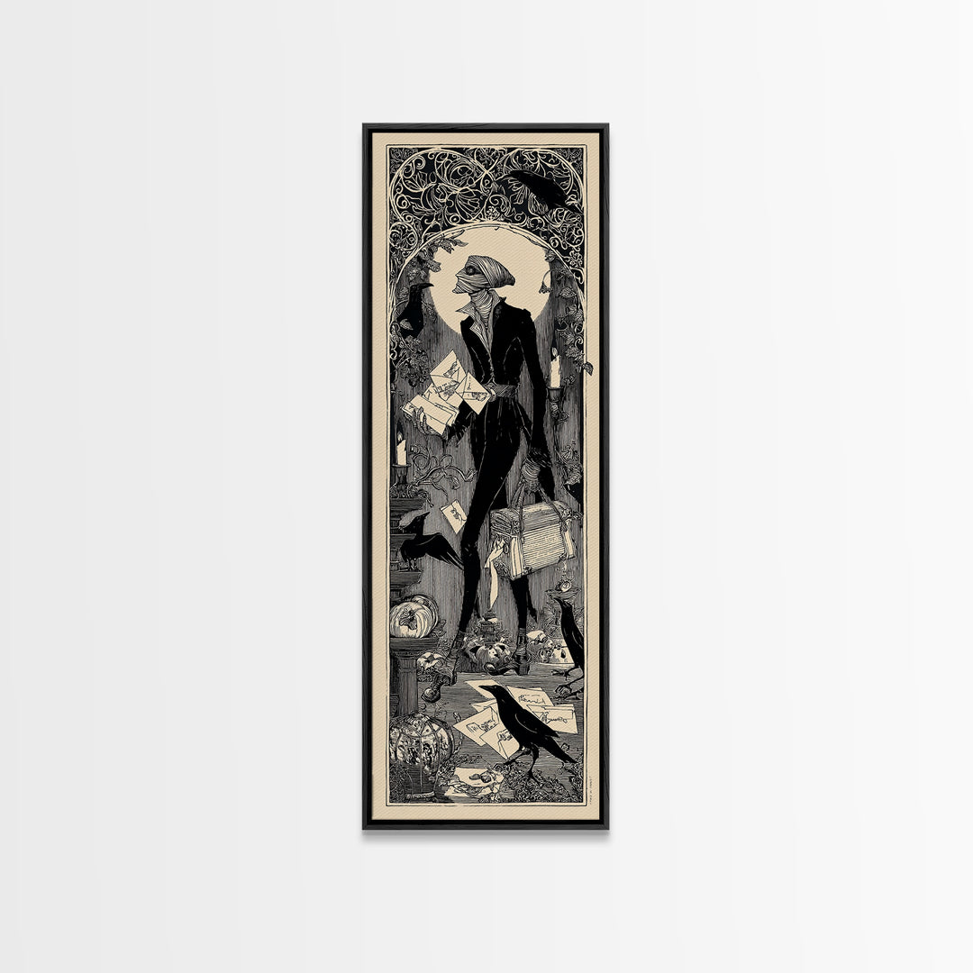 The Mummy Mail Carrier, Decadent Line Art, Tall Narrow Wall Art, Gothic Horror Wall Art, Framed Canvas Print, Halloween Wall Art