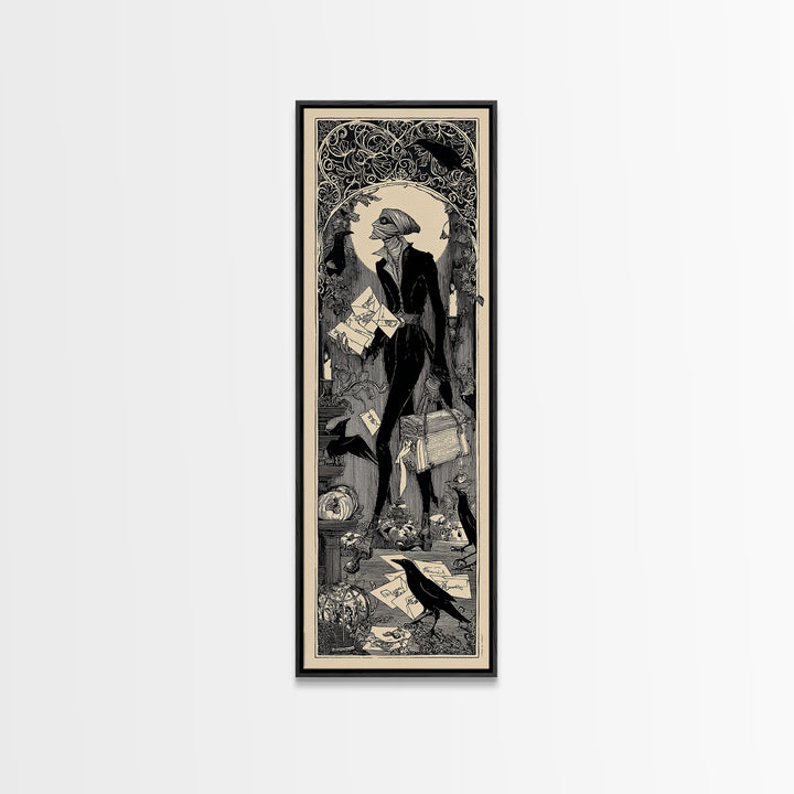 The Mummy Mail Carrier, Decadent Line Art, Tall Narrow Wall Art, Gothic Horror Wall Art, Framed Canvas Print, Halloween Wall Art