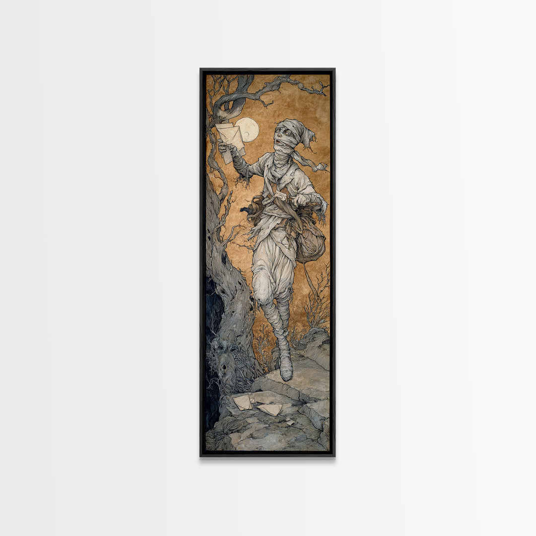 The Mummy Mail Carrier, Gothic Storybook Art, Tall Narrow Wall Art, Dark Fantasy Wall Art, Canvas Print, Halloween Wall Art