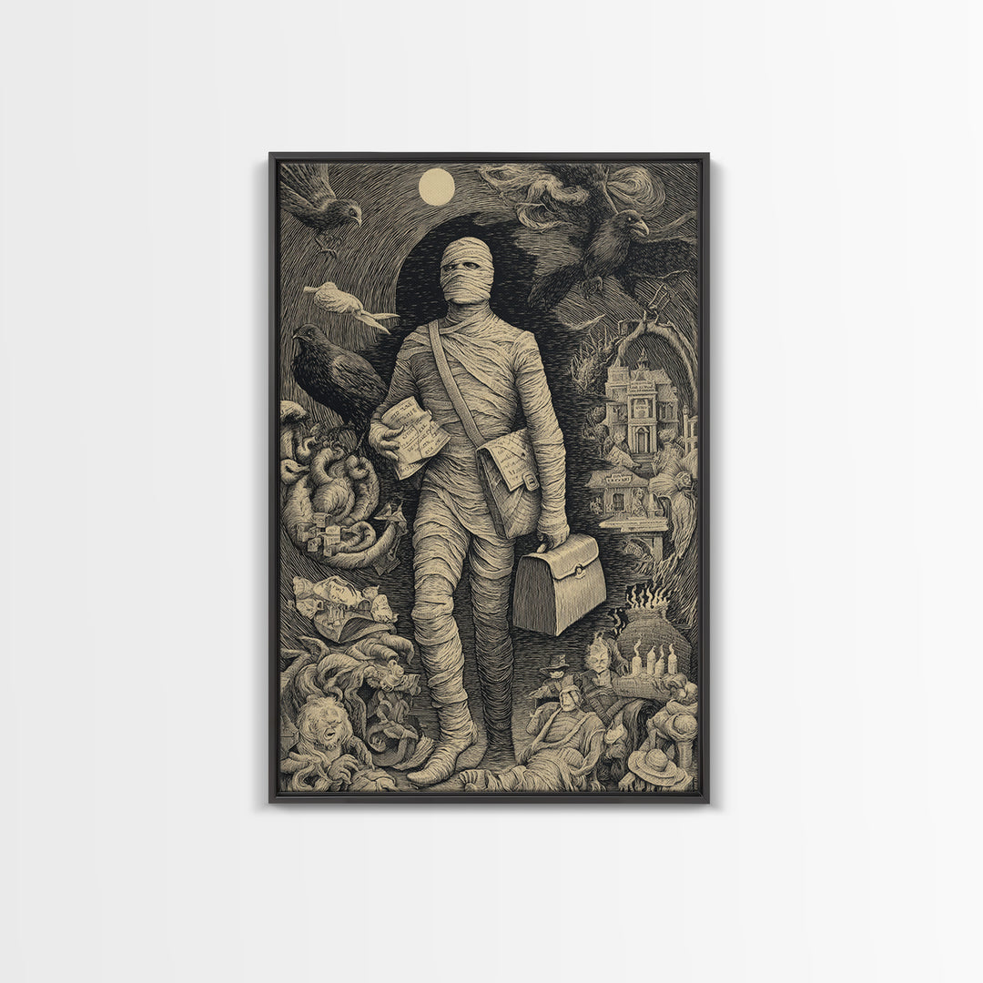 The Mummy Mail Carrier, Victorian Macabre Art, Vertical Wall Art, Gothic Horror Wall Art, Framed Canvas Print, Halloween Wall Art