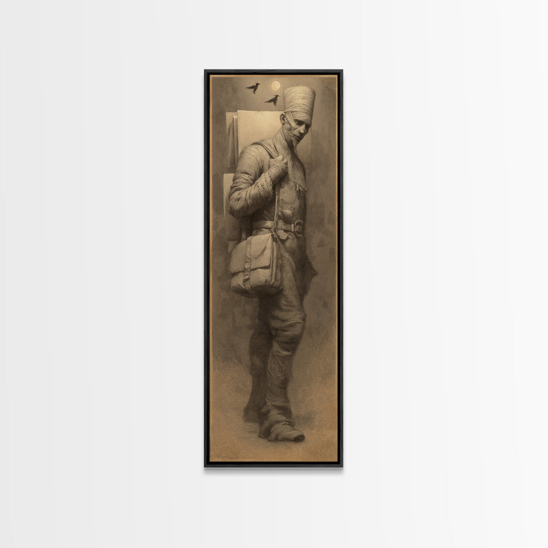 The Mummy Mail Carrier, Surreal Apocalyptic Art, Tall Narrow Wall Art, Gothic Horror Wall Art, Canvas Print, Halloween Wall Art