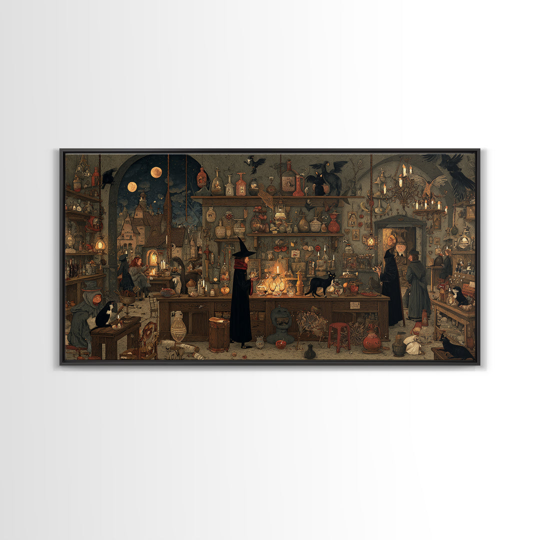 The Witch'S Cat Cafe, Northern Renaissance Horror, Wide Panoramic Art, Gothic Horror Wall Art, Framed Canvas Print