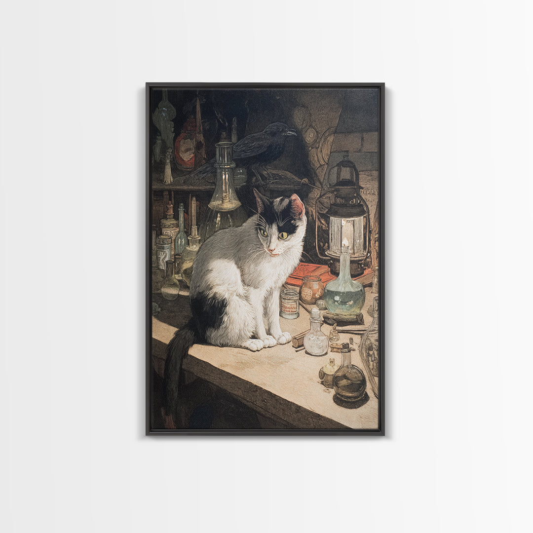 The Witch'S Cat Cafe, Dark Renaissance Art, Vertical Wall Art, Macabre Wall Art, Framed Canvas Print, Halloween Wall Art