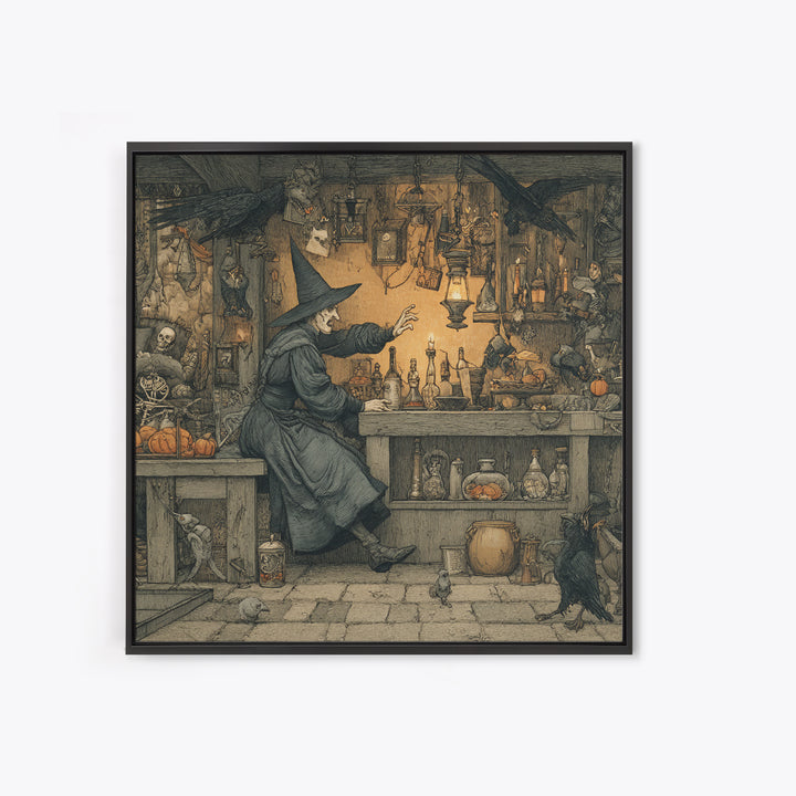 The Witch'S Cat Cafe, Danse Macabre Art, Square Wall Art, Dark Fantasy Wall Art, Framed Canvas Print, Halloween Wall Art