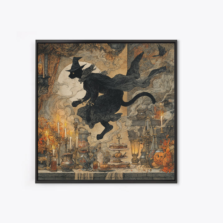 The Witch'S Cat Cafe, Baroque Witchcraft Art, Square Wall Art, Dark Halloween Decor, Framed Canvas Print, Halloween Wall Art