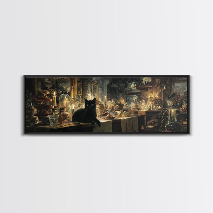 The Witch'S Cat Cafe, Visionary Gothic Art, Extra Wide Wall Art, Dark Fantasy Wall Art, Canvas Print, Halloween Wall Art