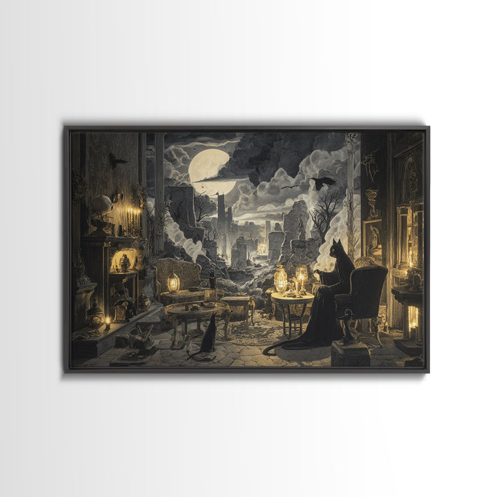 The Witch'S Cat Cafe, Romantic Gothic Landscape, Landscape Wall Art, Dark Halloween Decor, Framed Canvas Print, Halloween Wall Art