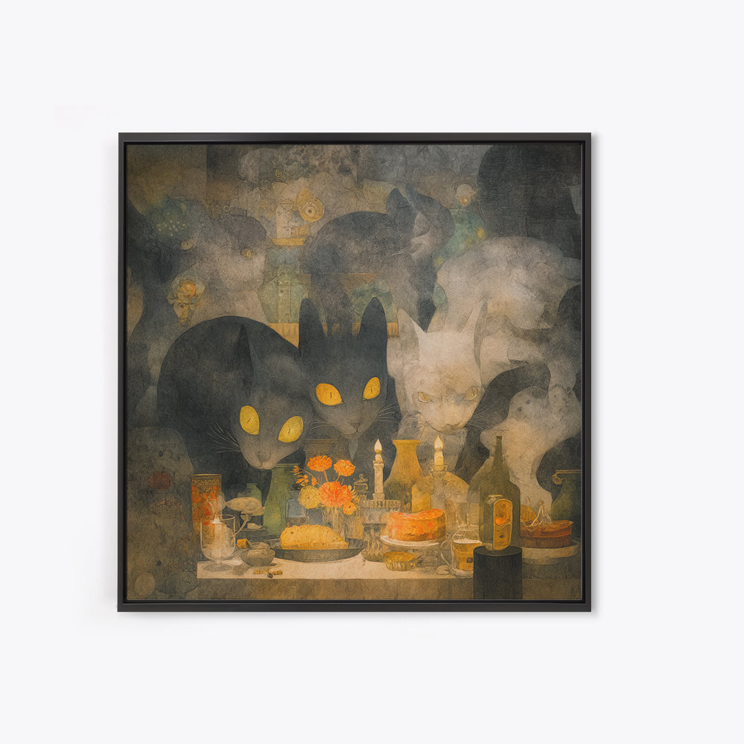 The Witch'S Cat Cafe, Symbolist Dream Art, Square Wall Art, Macabre Wall Art, Framed Canvas Print, Halloween Wall Art, Horror Wall Art