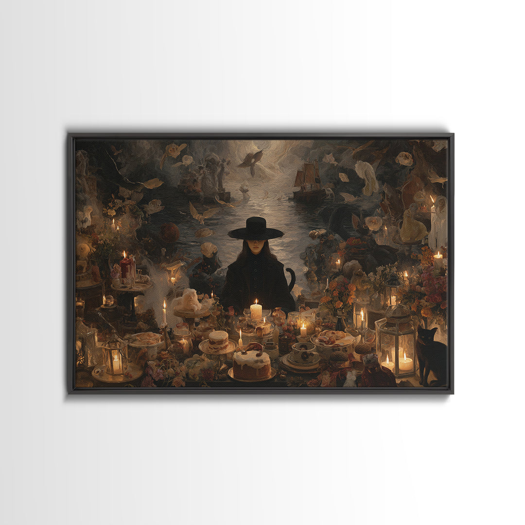 The Witch'S Cat Cafe, Symbolist Gothic Landscape, Landscape Wall Art, Gothic Horror Wall Art, Canvas Print, Halloween Wall Art