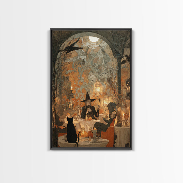 The Witch'S Cat Cafe, Decadent Gothic Art, Vertical Wall Art, Gothic Horror Wall Art, Framed Canvas Print, Halloween Wall Art