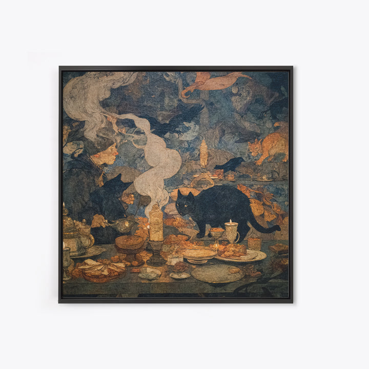 The Witch'S Cat Cafe, Dark Symbolist Art, Square Wall Art, Dark Halloween Decor, Framed Canvas Print, Halloween Wall Art