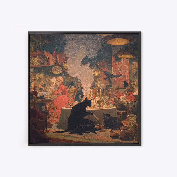 The Witch'S Cat Cafe, Symbolist Etching Art, Square Wall Art, Dark Halloween Decor, Canvas Print, Halloween Wall Art, Gothic Home Decor