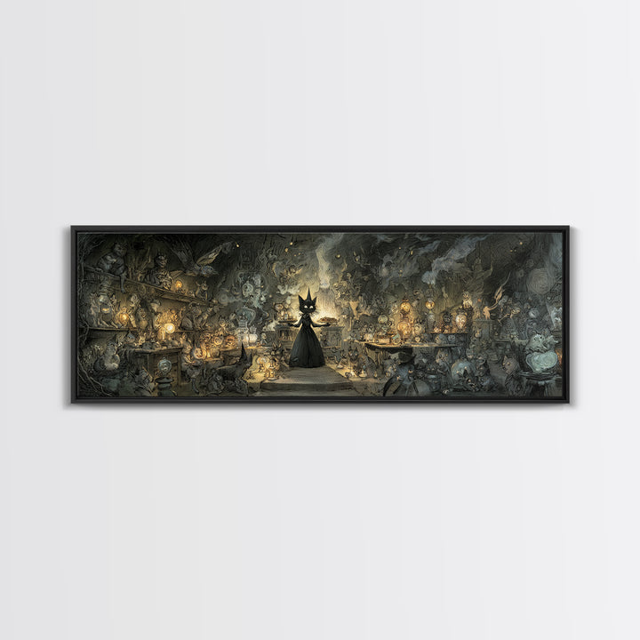 The Witch'S Cat Cafe, Expressionist Nightmare Art, Extra Wide Wall Art, Dark Halloween Decor, Canvas Print, Halloween Wall Art