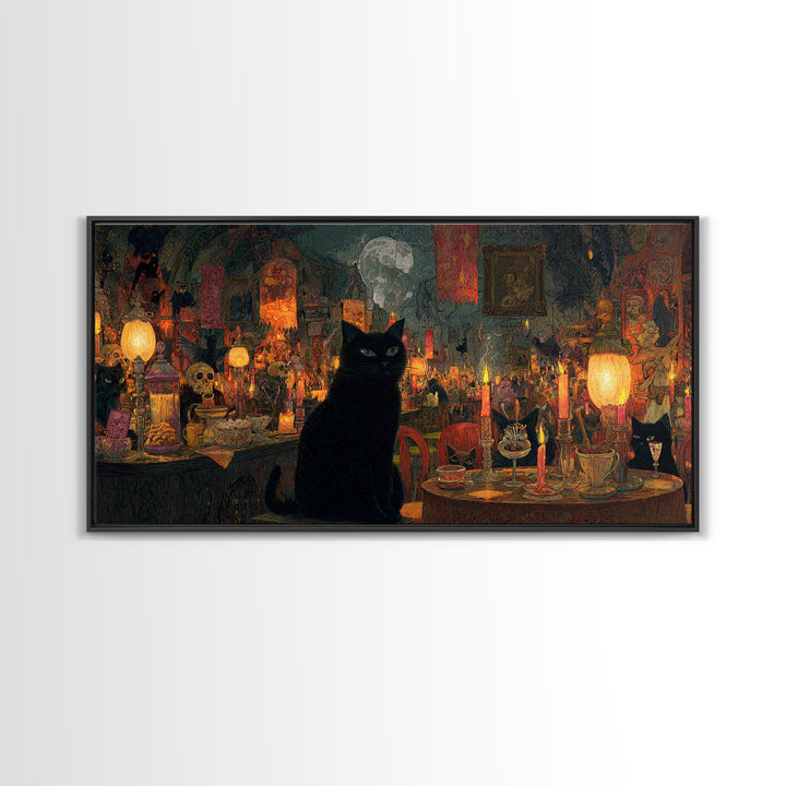 The Witch'S Cat Cafe, Grotesque Carnival Art, Wide Panoramic Art, Dark Halloween Decor, Framed Canvas Print, Halloween Wall Art