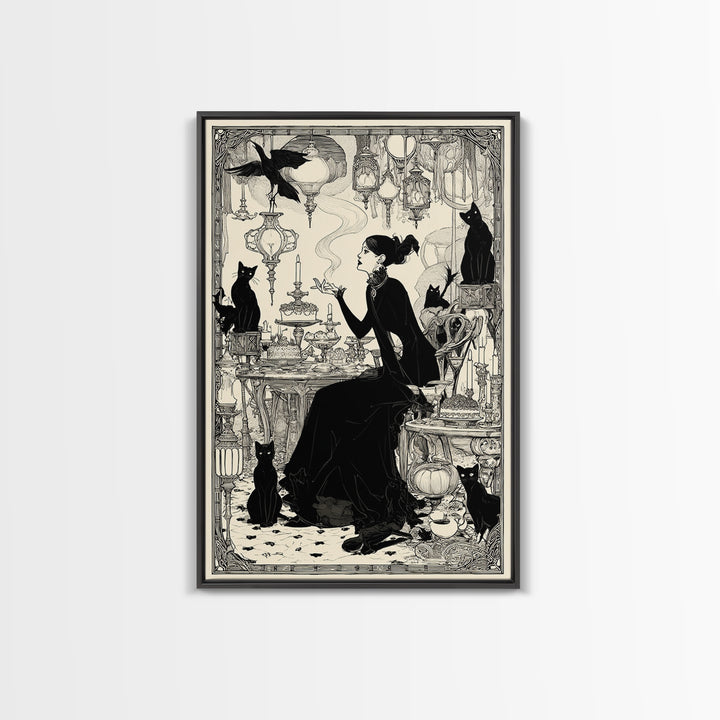 The Witch'S Cat Cafe, Decadent Line Art, Vertical Wall Art, Gothic Horror Wall Art, Framed Canvas Print, Halloween Wall Art
