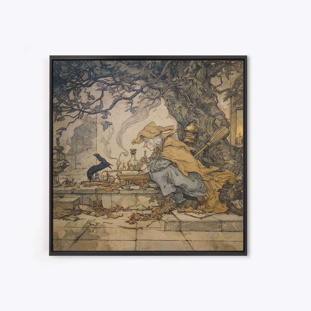 The Witch'S Cat Cafe, Gothic Storybook Art, Square Wall Art, Dark Halloween Decor, Canvas Print, Halloween Wall Art