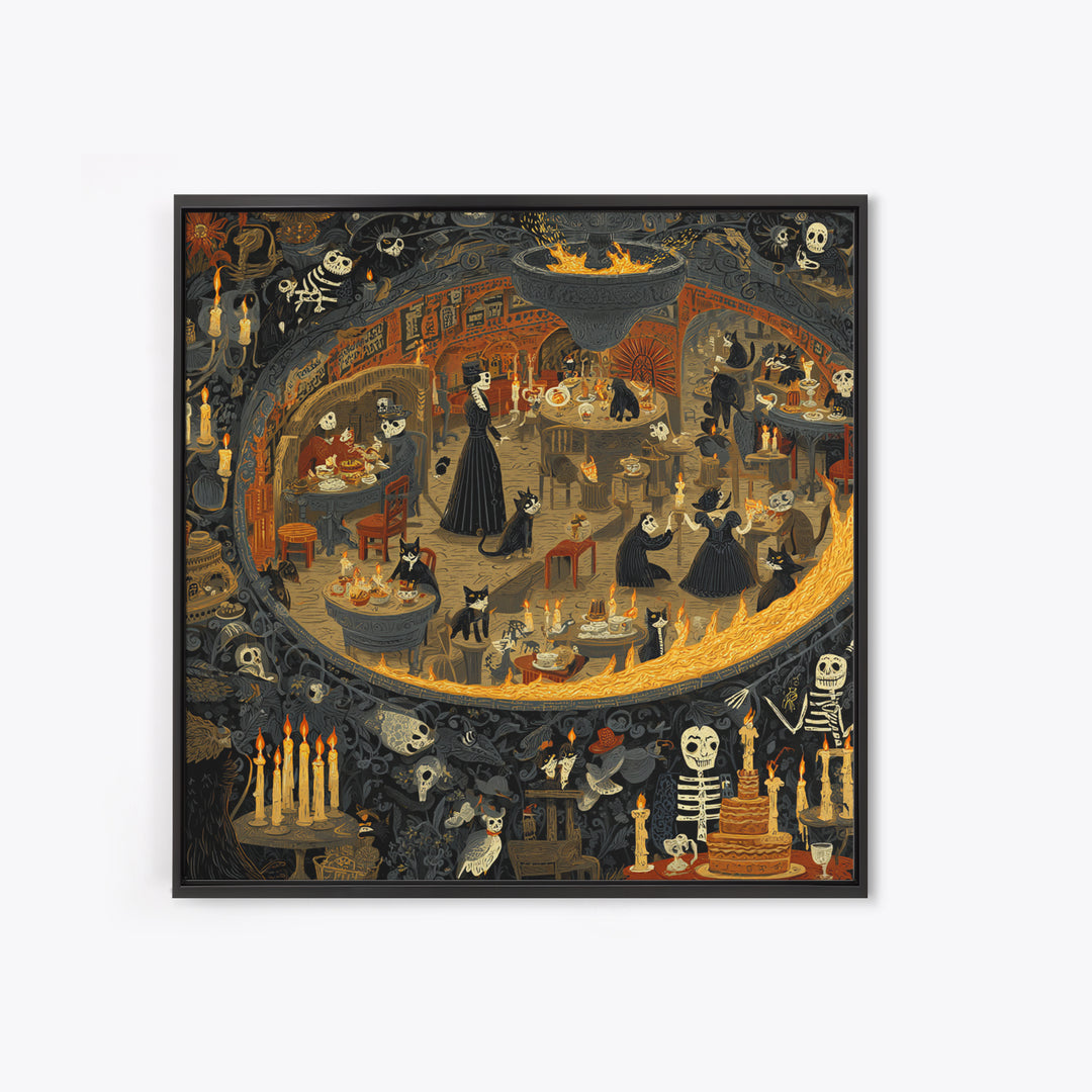 The Witch'S Cat Cafe, Macabre Folk Print Art, Square Wall Art, Macabre Wall Art, Framed Canvas Print, Halloween Wall Art