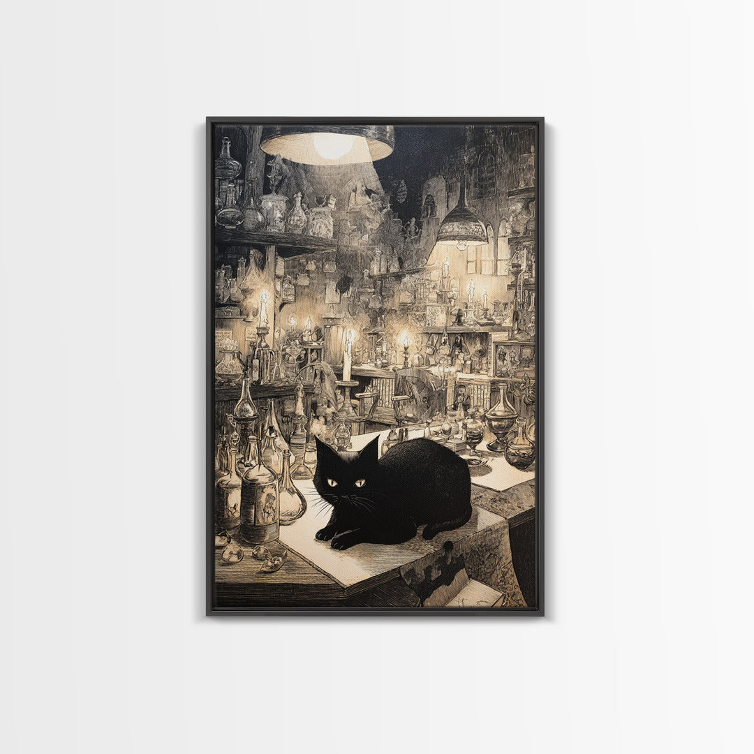 The Witch'S Cat Cafe, Victorian Macabre Art, Vertical Wall Art, Macabre Wall Art, Framed Canvas Print, Halloween Wall Art