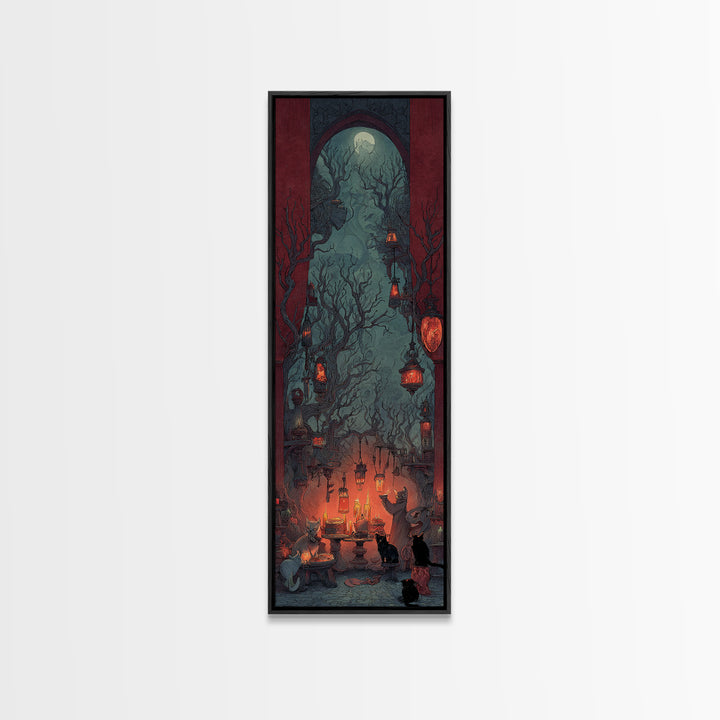 The Witch'S Cat Cafe, Surreal Apocalyptic Art, Tall Narrow Wall Art, Dark Fantasy Wall Art, Framed Canvas Print, Halloween Wall Art