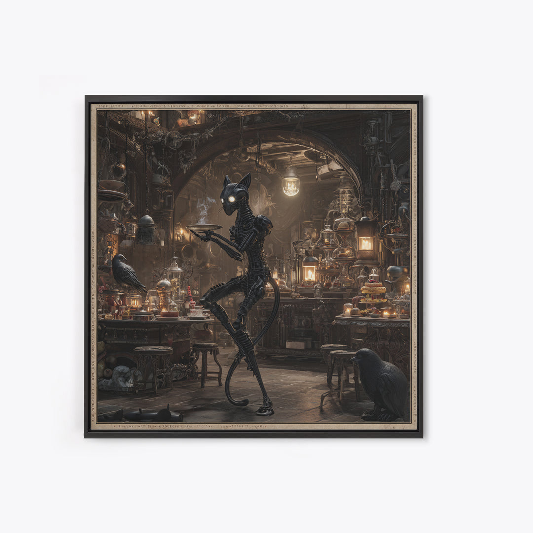 The Witch'S Cat Cafe, Biomechanical Horror Art, Square Wall Art, Dark Halloween Decor, Framed Canvas Print, Halloween Wall Art