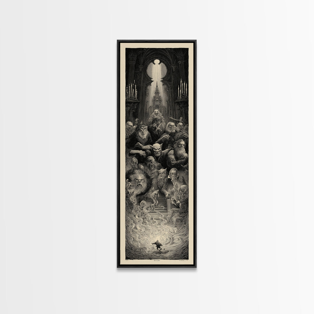 The Monster Family Portrait, Gothic Engraving Art, Tall Narrow Wall Art, Dark Halloween Decor, Canvas Print, Halloween Wall Art