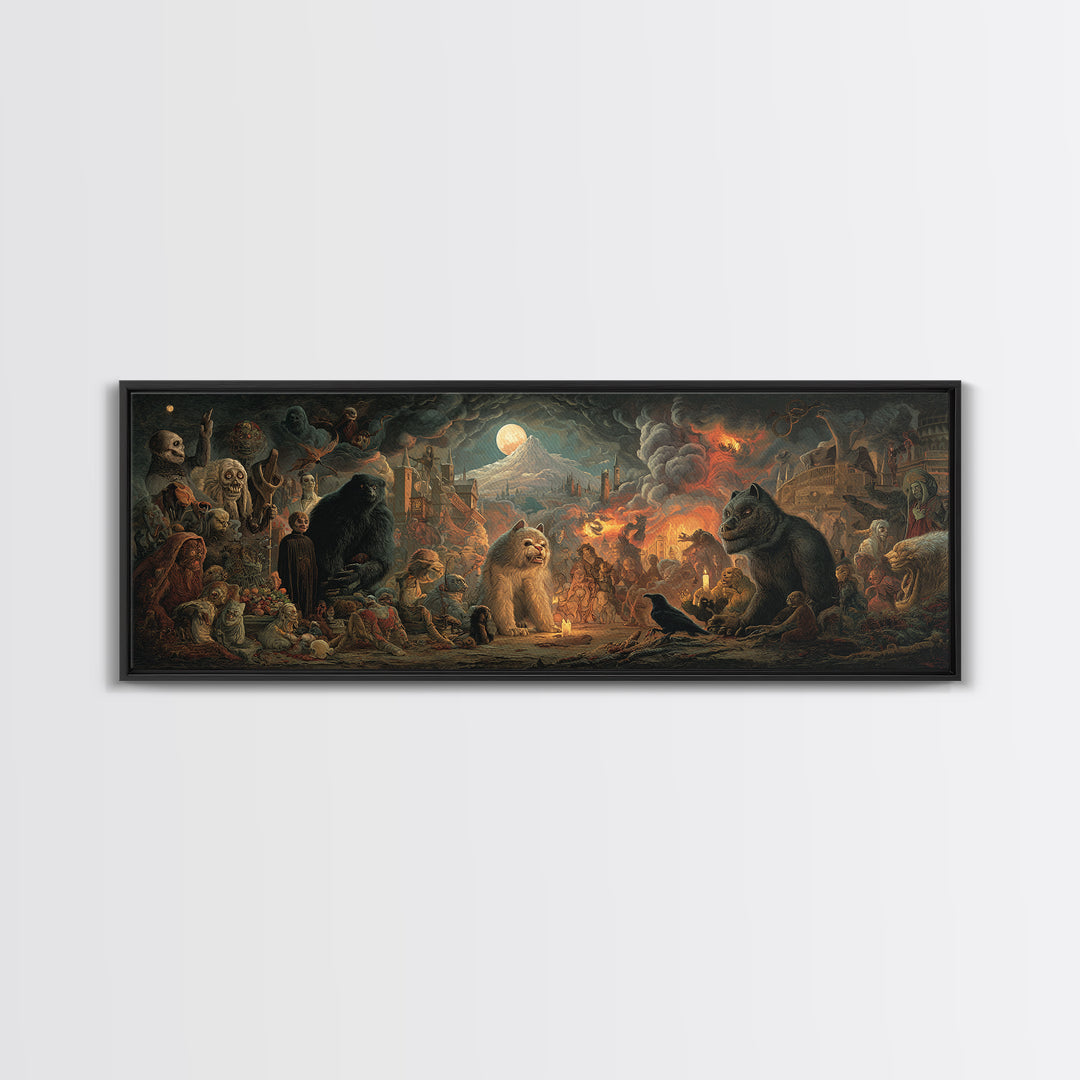 The Monster Family Portrait, Apocalyptic Romantic Art, Extra Wide Wall Art, Dark Halloween Decor, Framed Canvas Print, Halloween Wall Art