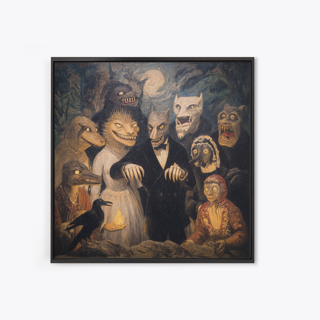 The Monster Family Portrait, Expressionist Gothic Art, Square Wall Art, Dark Halloween Decor, Framed Canvas Print, Halloween Wall Art