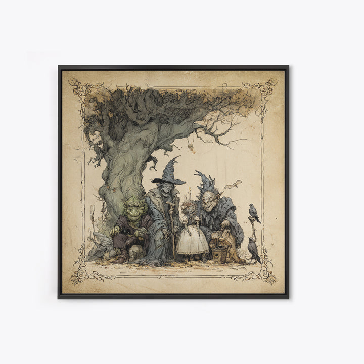 The Monster Family Portrait, Gothic Storybook Art, Square Wall Art, Dark Fantasy Wall Art, Canvas Print, Halloween Wall Art