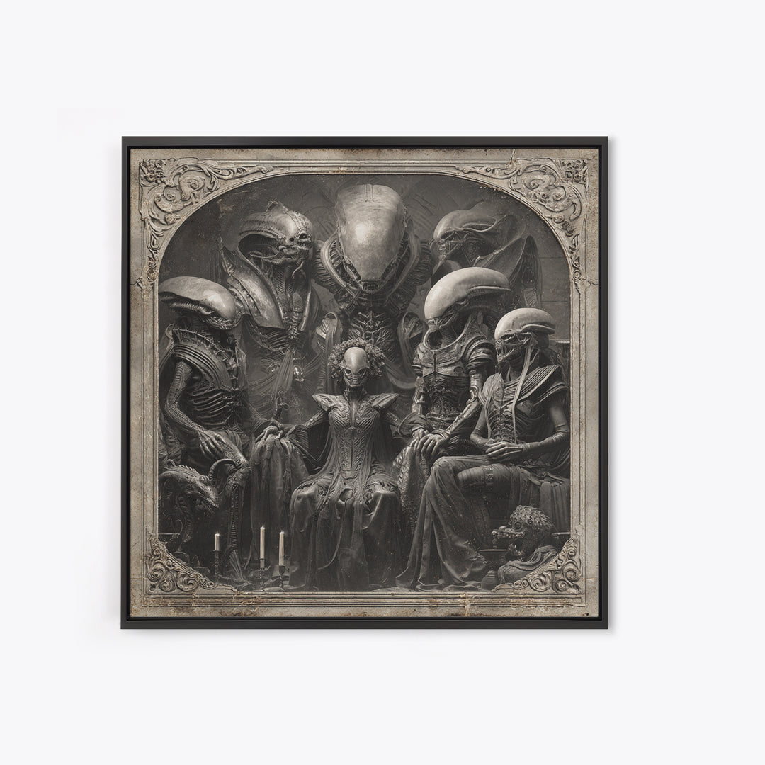 The Monster Family Portrait, Biomechanical Horror Art, Square Wall Art, Macabre Wall Art, Framed Canvas Print, Halloween Wall Art