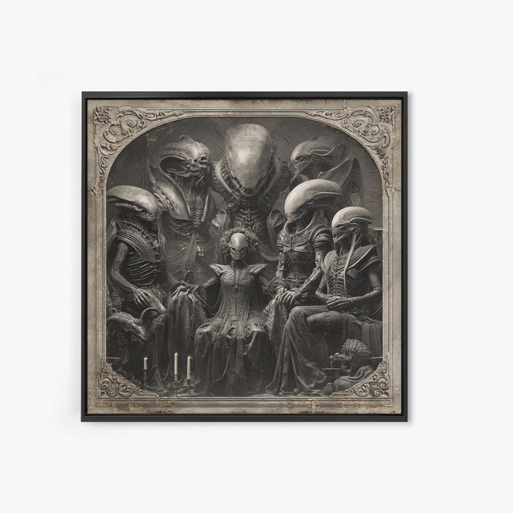The Monster Family Portrait, Biomechanical Horror Art, Square Wall Art, Macabre Wall Art, Framed Canvas Print, Halloween Wall Art