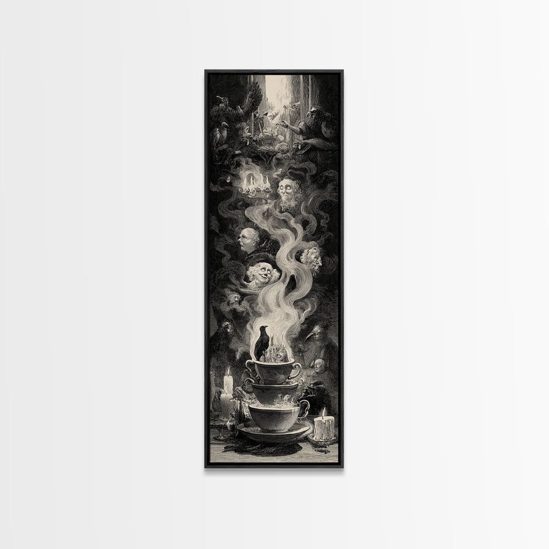 Tiny Ghosts In Teacups, Gothic Engraving Art, Tall Narrow Wall Art, Dark Fantasy Wall Art, Framed Canvas Print, Halloween Wall Art