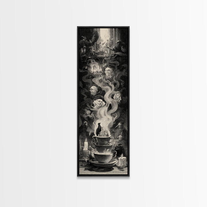 Tiny Ghosts In Teacups, Gothic Engraving Art, Tall Narrow Wall Art, Dark Fantasy Wall Art, Framed Canvas Print, Halloween Wall Art