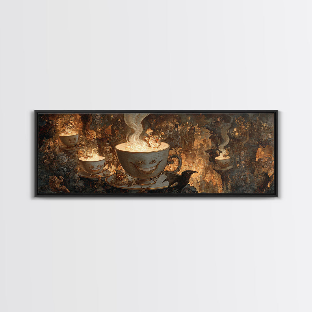 Tiny Ghosts In Teacups, Medieval Grotesque Art, Extra Wide Wall Art, Dark Halloween Decor, Framed Canvas Print, Halloween Wall Art