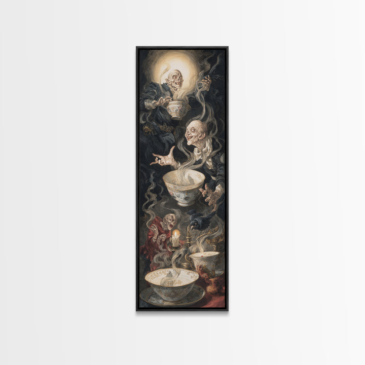 Tiny Ghosts In Teacups, Dark Renaissance Art, Tall Narrow Wall Art, Dark Halloween Decor, Framed Canvas Print, Halloween Wall Art