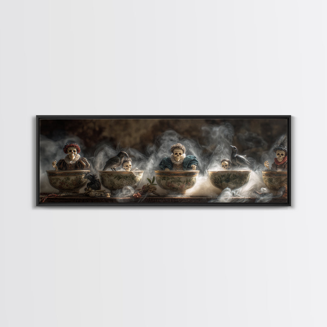 Tiny Ghosts In Teacups, Danse Macabre Art, Extra Wide Wall Art, Dark Fantasy Wall Art, Framed Canvas Print