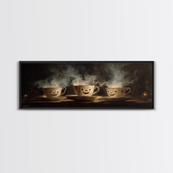 Tiny Ghosts In Teacups, Dark Romantic Horror Art, Extra Wide Wall Art, Macabre Wall Art, Canvas Print, Halloween Wall Art