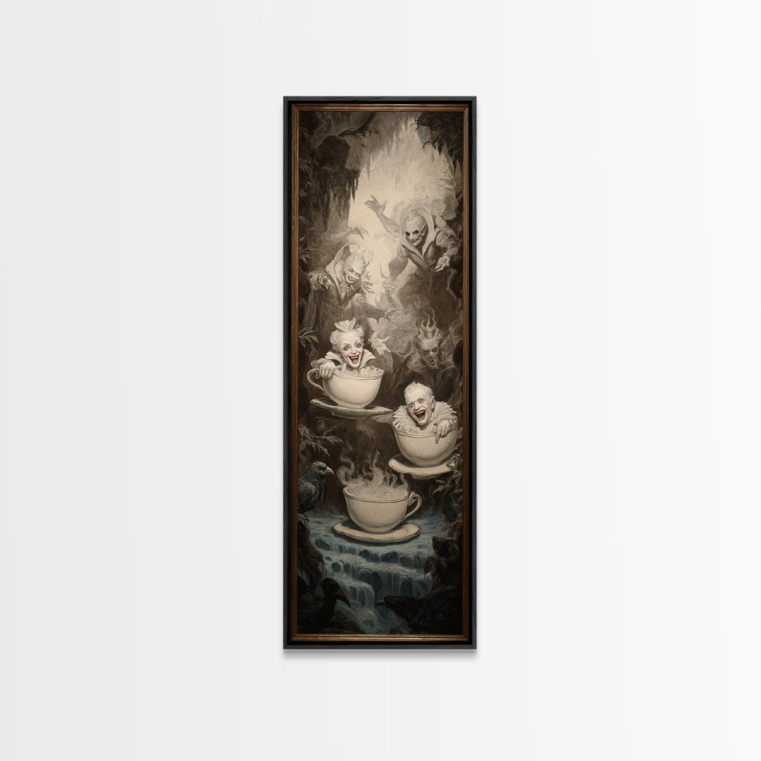 Tiny Ghosts In Teacups, Gothic Nightmare Art, Tall Narrow Wall Art, Macabre Wall Art, Framed Canvas Print, Halloween Wall Art