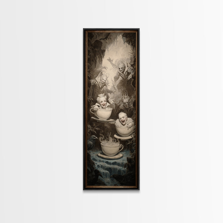 Tiny Ghosts In Teacups, Gothic Nightmare Art, Tall Narrow Wall Art, Macabre Wall Art, Framed Canvas Print, Halloween Wall Art