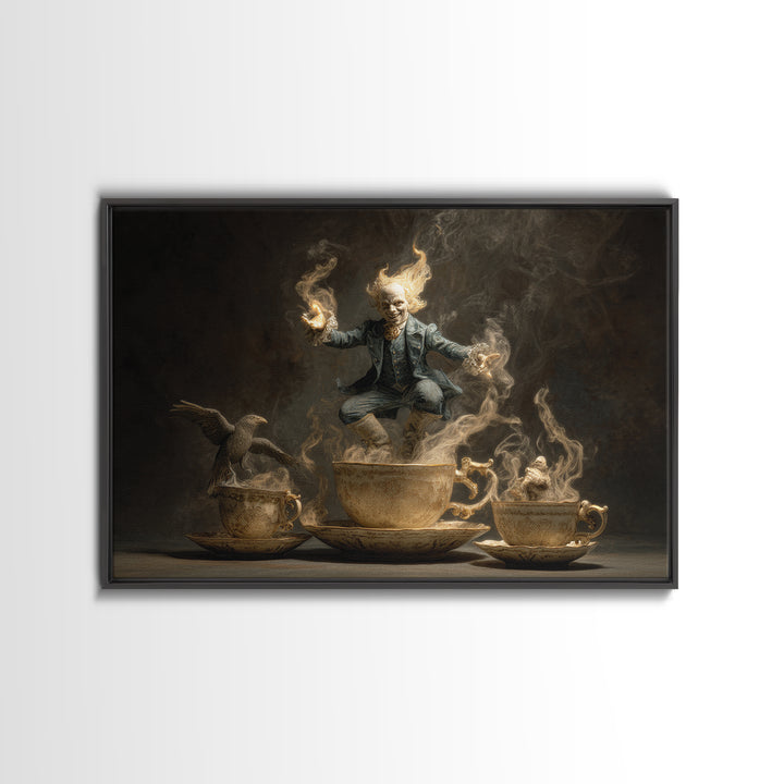 Tiny Ghosts In Teacups, Visionary Gothic Art, Landscape Wall Art, Dark Halloween Decor, Framed Canvas Print, Halloween Wall Art